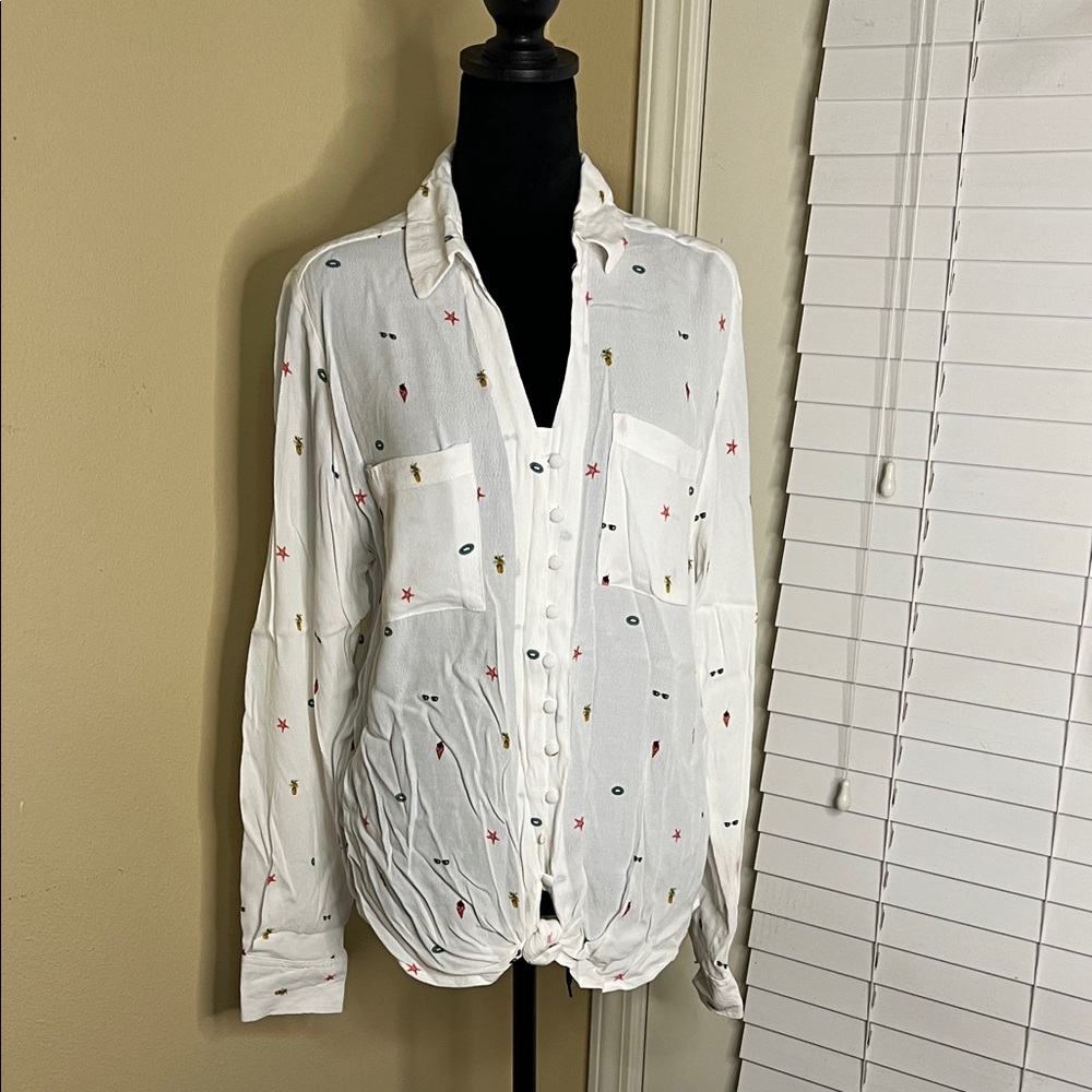 Velvet Heart White Button Down Shirt with Multicolor Accents